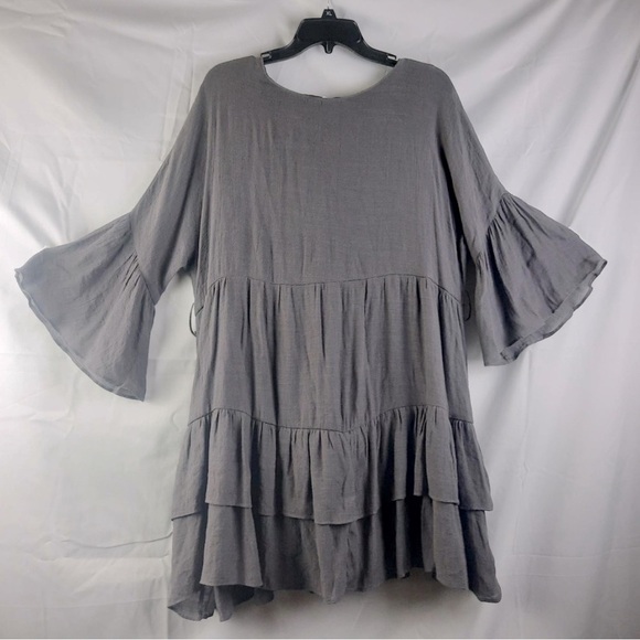 & Merci Gray lined tiered bell sleeve Tunic style dress LARGE - Picture 1 of 6